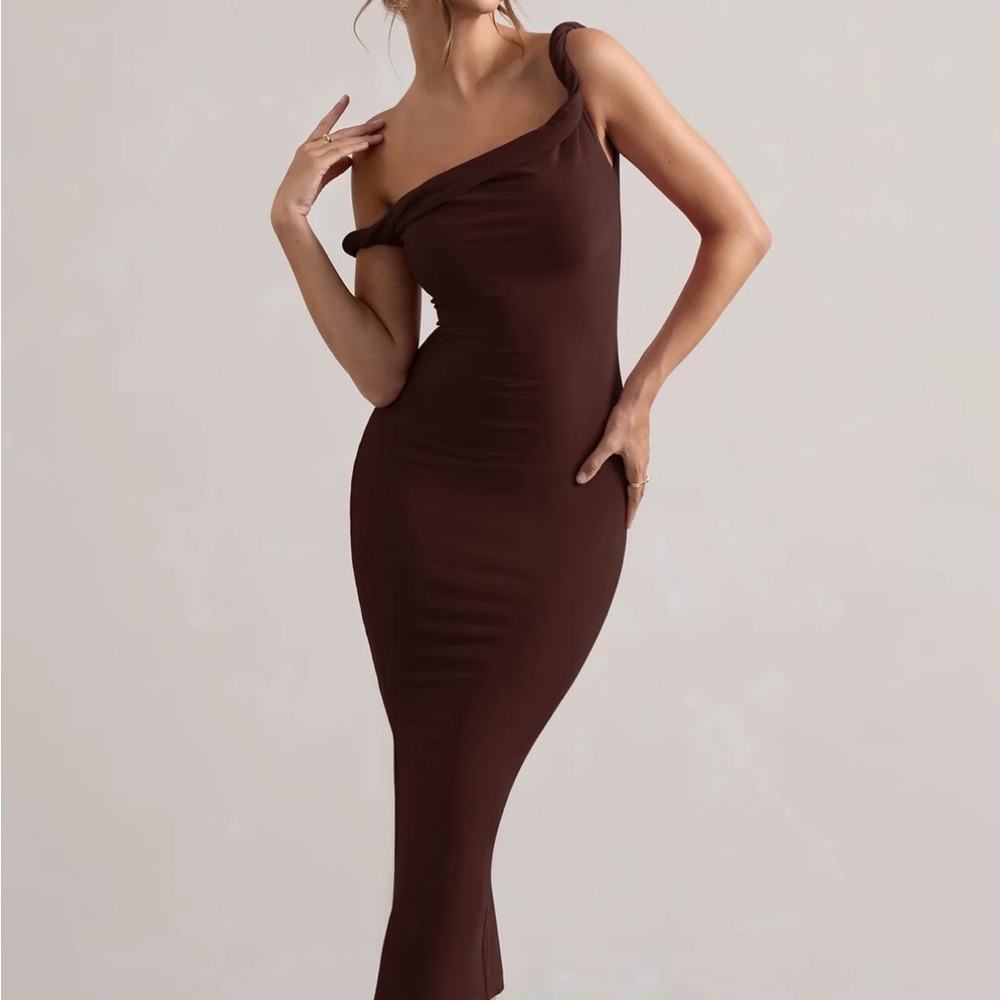 Club L London Salome Chocolate Brown Twisted Asymmetric Midi Dress L/UK12